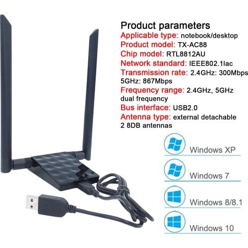 AC1200Mbps WiFi Adapter 2.4Ghz/5Ghz Dual Band USB Dongle Wireless Adapter Adjustable Multi-directional Antenna For Mac OS Win
