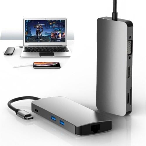 Basix T8 8 in 1 Type-C to USB2.0x2 Type-Cx1 HUB Adapter SD Card Reader Micro SD RJ45 VGA for Type-C Channel Computers and Phones