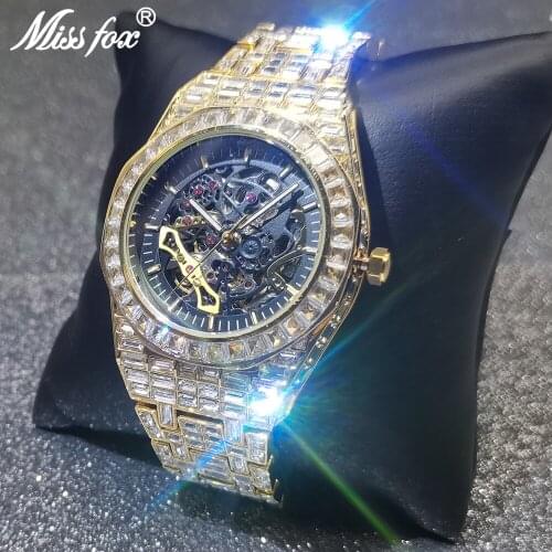 Top Hip Hop MISSFOX Hollow Mens Watches Automatic Mechanical Watch Iced Out Fashion Square Gold Diamond Male Luxury Dive Clocks