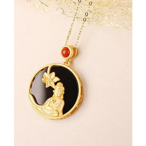 Designer original new southern red tourmaline natural Hetian jade gilt golden lotus Buddha pendant lady silver jewelry