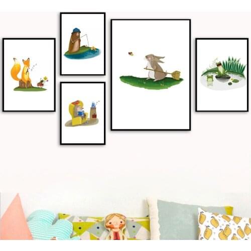 Canvas Painting Nordic Bear Hedgehog Rabbit Multicolor Animal Wall Art Posters And Prints Pictures For Living Room Decoration