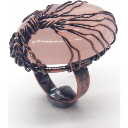 KFT Copper Wire Wrapped Oval Shape Resizable Ring Natural Rose Pink Quartz Crystal Stone Rings For Women Party Wedding Jewelry