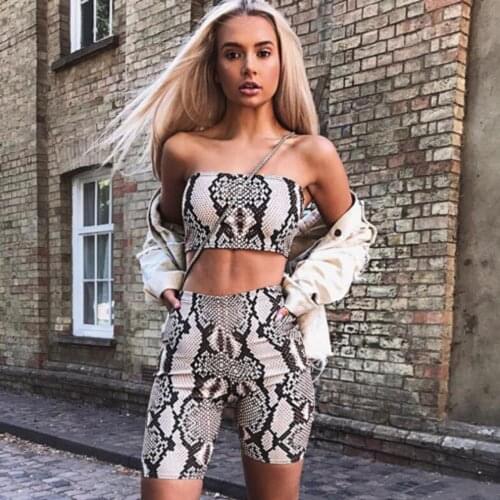 2pcs Set New Women Sexy Snakeskin Skinny Tube Top Ladies Sleeveless Cami Vest+High waist Shorts Tracksuit Outfits Sets