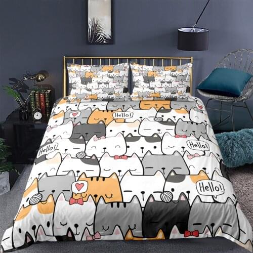 Cartoon Cat Bedding Set Animal Print Duvet Cover Pillowcase 2/3 Pcs Home Textiles Single Child Bedroon Bedclothes Single King