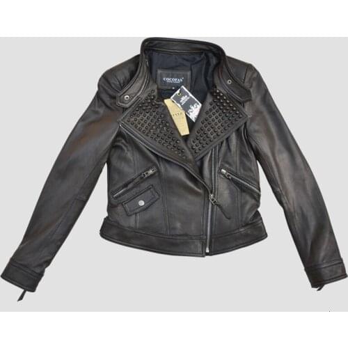 Factory Womens Genuine Leather Jacket For Women Goat Skin Fashion Black Thin Rivets Bomber Motorcycle Coat Female Jaqueta