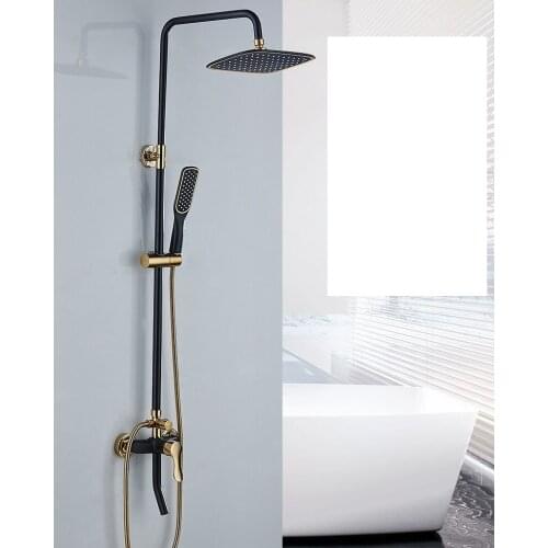 New arrival wall mounted rain shower faucet mixing valve bathroom black shower set with hand shower, shower set black gold coppe