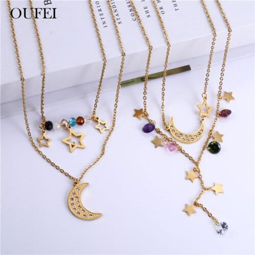 OUFEI Moon Multi Layer Necklace Earrings Set Stainless Steel Jewelry Sets Fashion Jewelry Woman Accessories Gifts For Women