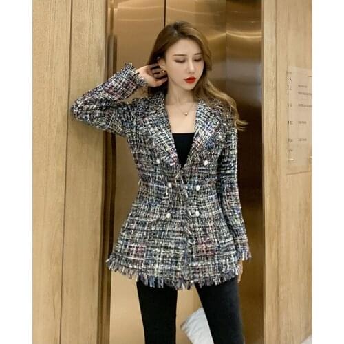 2020 Autumn New womens turn down collar slim waist lurex shinny bling tweed woolen mix color medium long coat casacos plus size