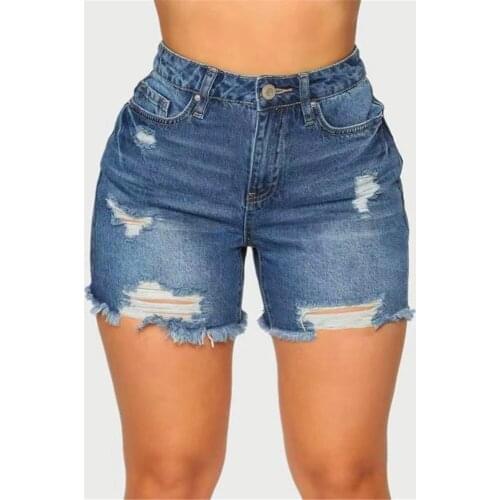 Sexy Hole Blue High Waist Straight Denim Shorts Women 2021 Summer New 100% Pure Cotton Solid Color Casual Jeans Shorts For Lady