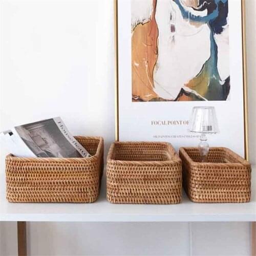 Woven Container Rectangular Basket Rattan Wicker Basket Hand-Woven Kitchen Supplies Rattan Storage Basket Household Tools