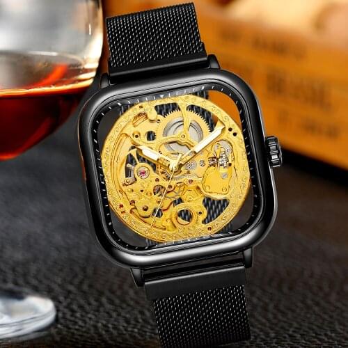 FORSINING Top Luxury Brand Stainless Steel Strap Skeleton Watches Fashion New Design Square Automatic Mechanical Wristwatches