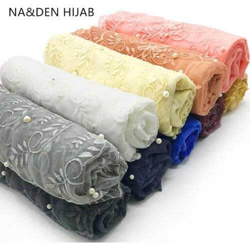 Luxury fashion floral lace pearls plain solid viscose shawl foulard Muslim echarpe women scarf hijabs bandana 10pcs fast ship