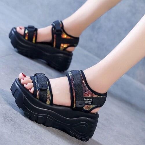 7cm Platform Sandals Women Wedge High Heels Shoes Women Buckle Leather Canvas Summer Zapatos Mujer Wedges Woman Sandal