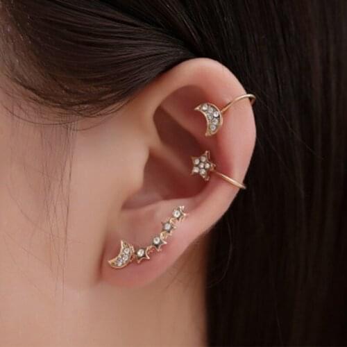 Bohemian Style Star And Moon 3-Piece Setcrystal Clip On Earrings Big Dipper Earrings Simple And Beautiful Single Earring