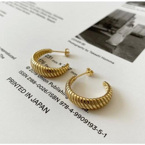 SRCOI Vintage Geometric Thread Texture C-Shaped Earring Simple Metal Small Hoop Earring Women Temperament Fashion Jewelry