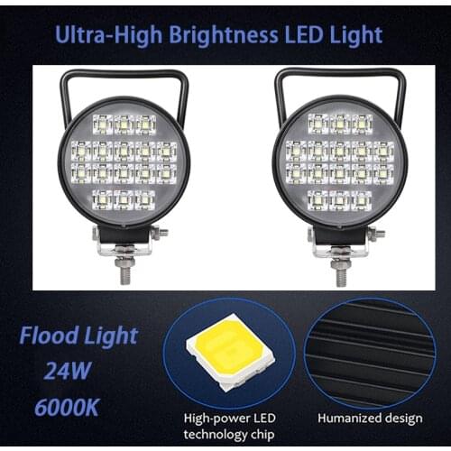 LED Work Light Bar 24W Round Flood Light Offroad 9-32v 6000K Super Bright Daylight White Light For Car Truck SUV