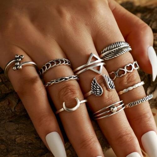 HuaTang Vintage Silver Color Heart Moon Rings Set for Women Geometric Wave Wing Knuckle Rings Female Finger Jewelry Anillos