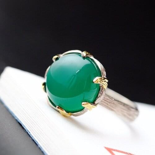 Pavilion set natural green chalcedony jewelry wholesale 925 Sterling Silver Ring Vintage Silver Ring Opening