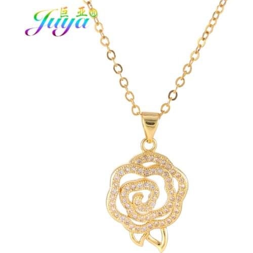 Juya Fashion Jewelry Supplies Micro Pave Zircon Rose Flower Pendant Necklaces For Women Girls Long Chains Sweater Necklace