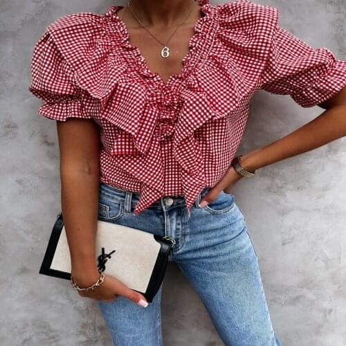 VIEUNSTA 2021 Spring Summer Small Fresh Plaid Printing All-match Top Women Casual Ruffle Short Sleeve Double V-neck Blouse Shirt