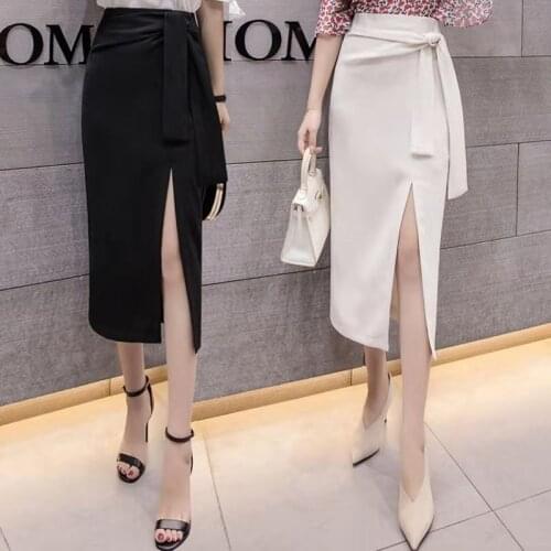 2021 Summer Skirt Women Mid-Calf Length Solid White/Black Buttock Skirt Oversize Split Skirts Bandage Design OL Business Wear