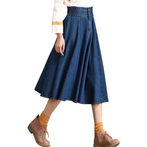 Womens Casual Denim Skirt Spring Summer Girls Flared Pleated Button Zipper Elastic Waist Mid-Calf Elegant Jean Long Skirts
