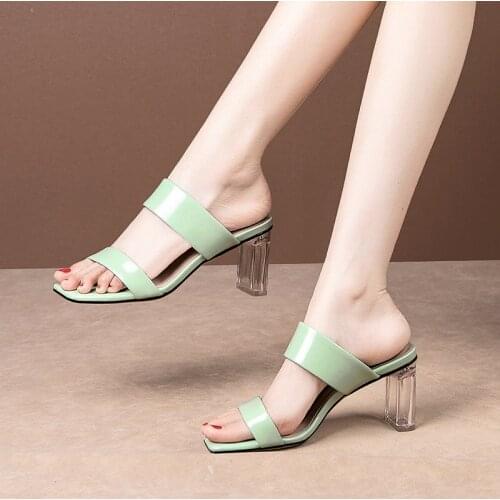 COOLULU 2020 Clear Square High Heel Slides Sandals Women Open Toe Slip on Slippers Backless Outdoor Summer Shoes Size 34-40