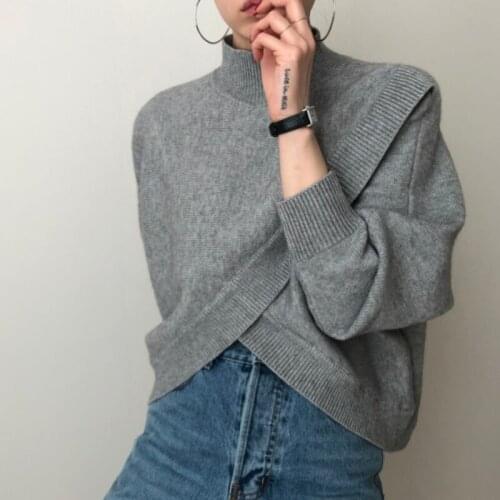 Zoki Designed Women Pullover Sweater Autumn Half Turtleneck Long Sleeve Irregular Loose Knitted Jumper Korean Fashion 2021 Tops