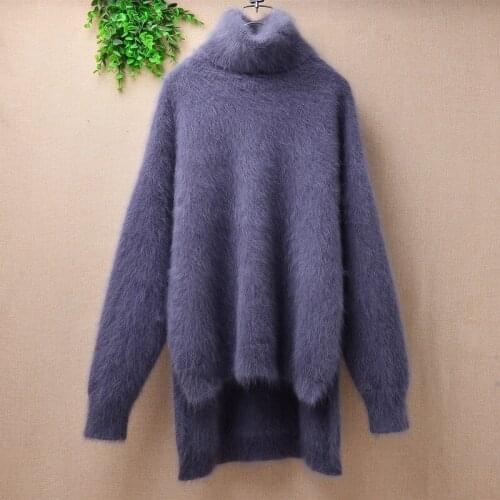 Ladies women fashion hairy fuzzy turtleneck long sleeves loose pullover angora rabbit fur winter outwear jumper sweater pull top