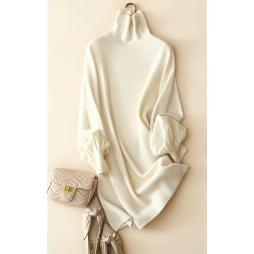 2020 autumn winter new 100% cashmere dress turtleneck knitted women elegant lantern sleeve loose style chic pullover