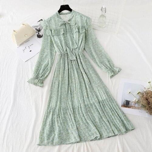 Women Ruffle Bow Tie Floral Print Dress Vintage Long Sleeve Slim Pleated Chiffon Dress Elastic waist Party Midi Dress Vestidos