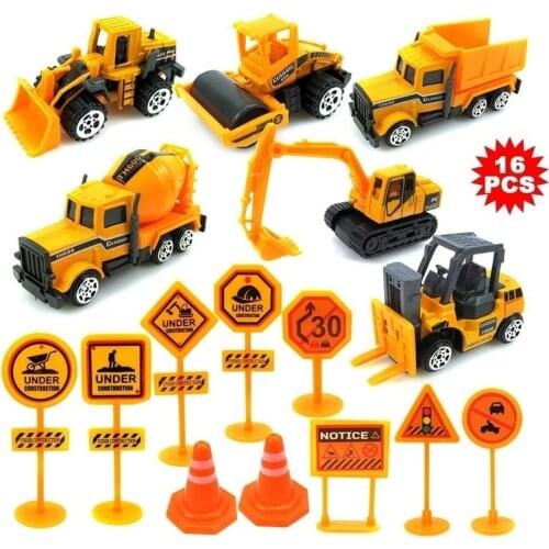 16Pcs/Set Children Alloy Engineering Truck Model Car with Road Signs Car Toys Set