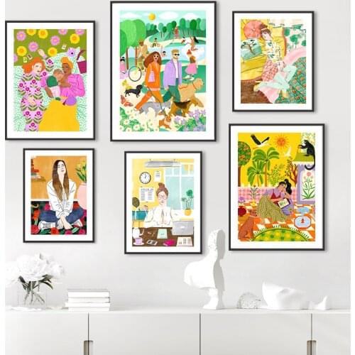 Abstract Girl Couples Baby Tropical Plant Leaf Art Canvas Painting Nordic Posters And Prints Wall Pictures For Living Room Decor