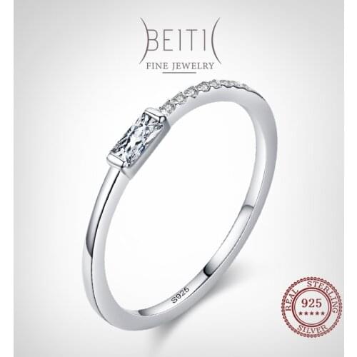 Beitil 925 Sterling Silver Simple Rectangle Stackable Finger Ring For Women Girl Minimalist Dazzling Clear CZ Fine Jewelry