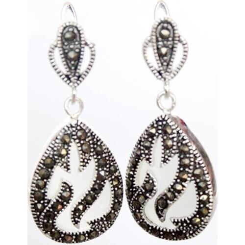 Free Shipping hot sell new - 11/2" late trend 925 Silver & Marcasite inlay white opal Waterdrop Earrings