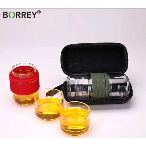 BORREY Portable Travel Glass Teapot Cup Kung Fu Tea Set Heat Resistant Glass Teapot With Filter Strainer Office Glass Tea Bottle