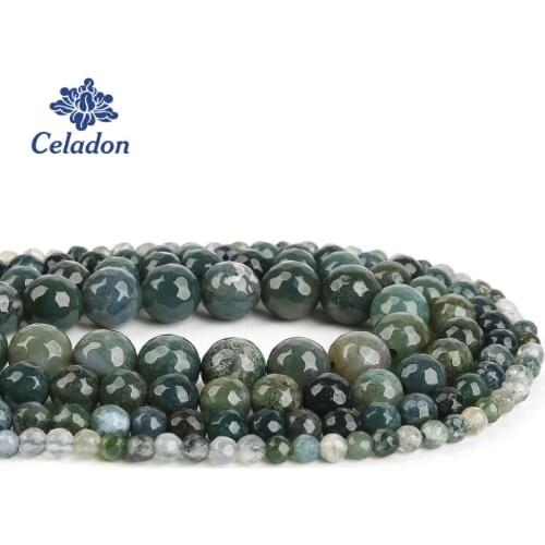 New Green Color Natural Stone Beads Moss Agat Faceted Round Loose Beads 4 6 8 10 mm For DIY Bracelet Jewelry Making Strand 15