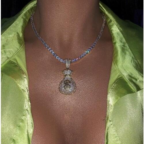 New Hip Hop Iced Out Bling 2021 Valentines Day Gift For Women Money Bag US Dollar Symbol Pendant 5A CZ Tennis Chain Necklace