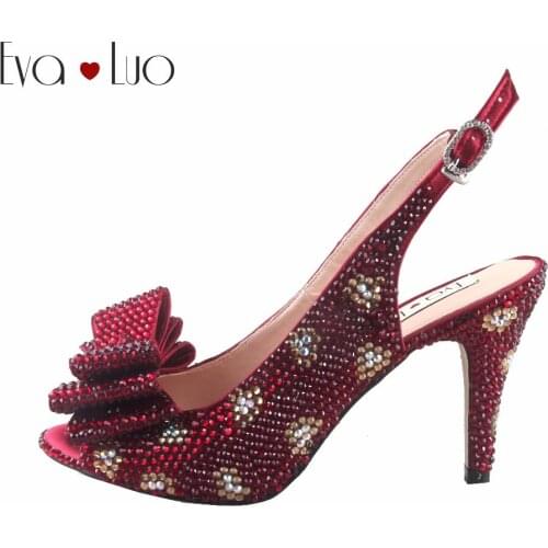 CHS831 Custom Handmade Winered Crystal Slingbacks bow Women Bridal Wedding Shoes Dress Pumps Women High Heels Shoes Party Shoes