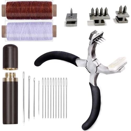 LMDZ Stitching Hole Punch BUTUZE, 4mm Silent Rhombus Leather Hand Pliers with Leather Needle, Wooden Needle Case, Waxed Thread