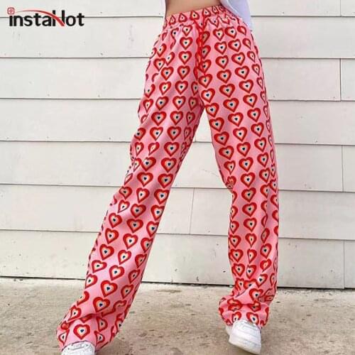 InstaHot Women Print Casual Wide Leg Pants Y2K Sexy Club Streetwear Trousers Vintage 2021 Autumn High Waist Red Polyester Pants