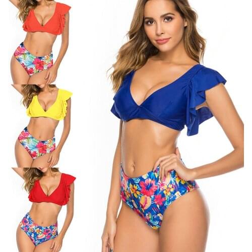 Swimsuit Ruffle Ruched Swim Bikini Ladies High Quality Sexy Swimwear Swimming Pool Seaside Candy Color Split Vetement Femme 2021