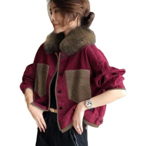 Fashion Red Short Jacket Tops Female Korean Style Spring Autumn Long Sleeve Fur Collar Casual Simplicity Womens Coat Outerwear
