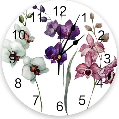Colorful Orchid Flower Plant Art Print Wall Clock Wall Art Silent Non ticking Round Wall Watch for Home Decortaion Best Gift