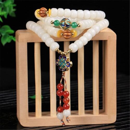 Natural Hainan White Bodhi Root Beads 108 Mala Beads Bracelet or Necklace with Cloisonne Chinese Knot Pendant Women Yoga Jewelry