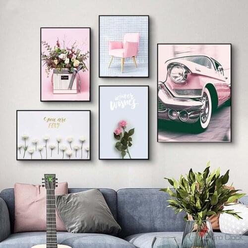 Nordic Style Pink Car Wall Art Rose Flower Canvas Prints Poster Canvas Paintings Decorative Pink Cuadros Girls Room Decoracion