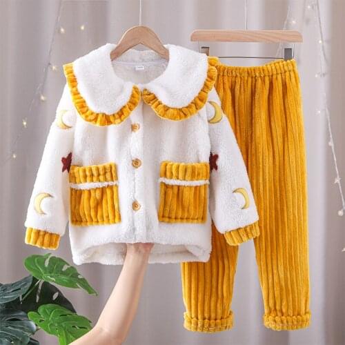 2021 New Autumn Winter Girls Pajamas Set Single-breasted Flannel Fleece Teenage Child Warm Homewear Pajamas Kids Nightwear 4-12Y