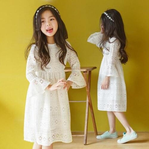 4-11 Years Old Girls Dress Mid-calf Sweet Lace Flare Sleeve Hollow Out White Princess Dress Children Clothing Teenager Summer