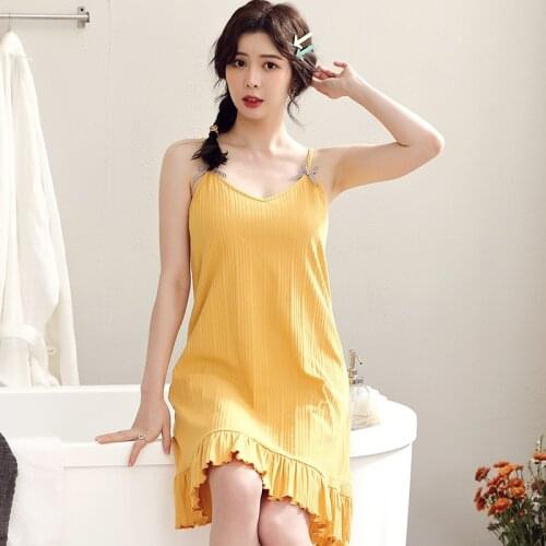 Sexy Nightgowns Women Sleeveless Sleepshirt Simple Ruffles Spaghetti Strap Dress Loose Casual Cotton Plus Size 3XL Home Dress