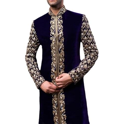 Jubba Thobe Kaftan Dress Stand Collar Gold Print Modest Islamic Clothing Male Abaya Muslim Ethnic Fashion Arabic Men Clothes